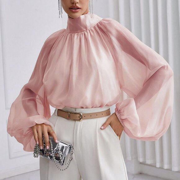 . Tops - Dusty Pink Casual Women's Solid Color Stand Collar Lantern Sleeve Shirt
